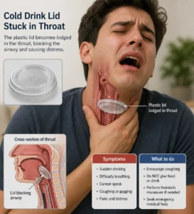 Cold drink lid stuck in throat