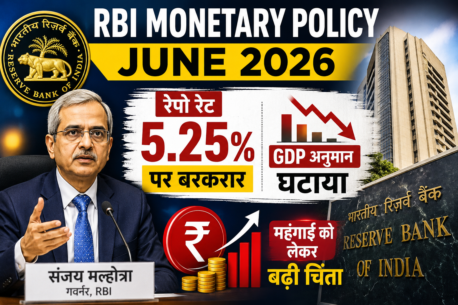 RBI Monetary Policy June 2026: रेपो रेट 5.25% पर बरकरार, GDP अनुमान घटाया, महंगाई को लेकर बढ़ी चिंता