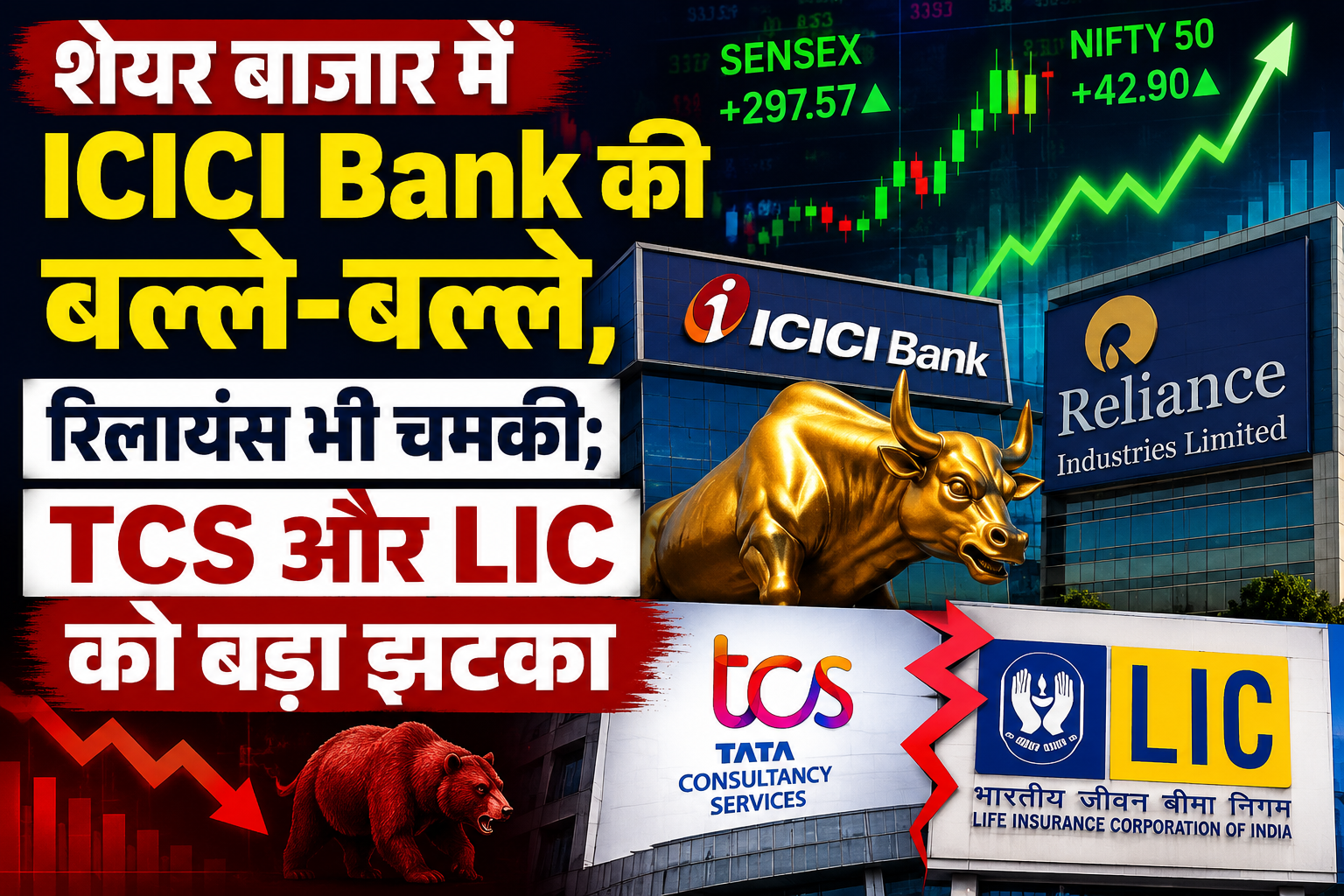 शेयर बाजार में ICICI Bank की बल्ले-बल्ले, रिलायंस भी चमकी; TCS और LIC को बड़ा झटका