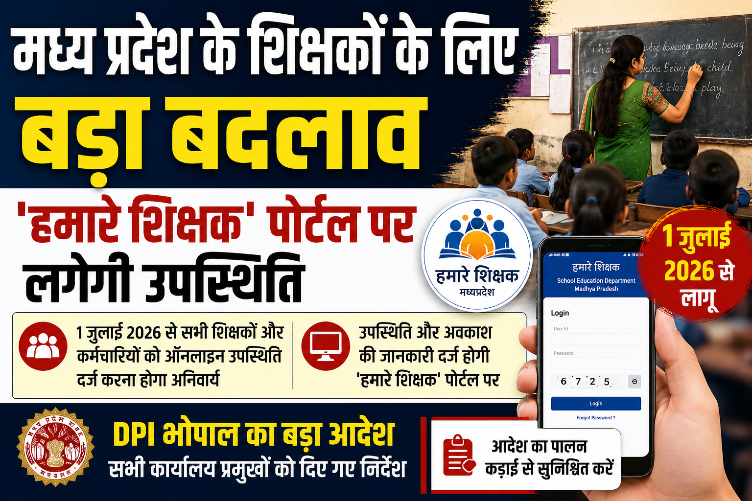 MP Teacher Attendance Update 2026:मध्य प्रदेश में 1 जुलाई से बदलेगा उपस्थिति का सिस्टम, 'हमारे शिक्षक' पोर्टल पर दर्ज होगी हाजिरी