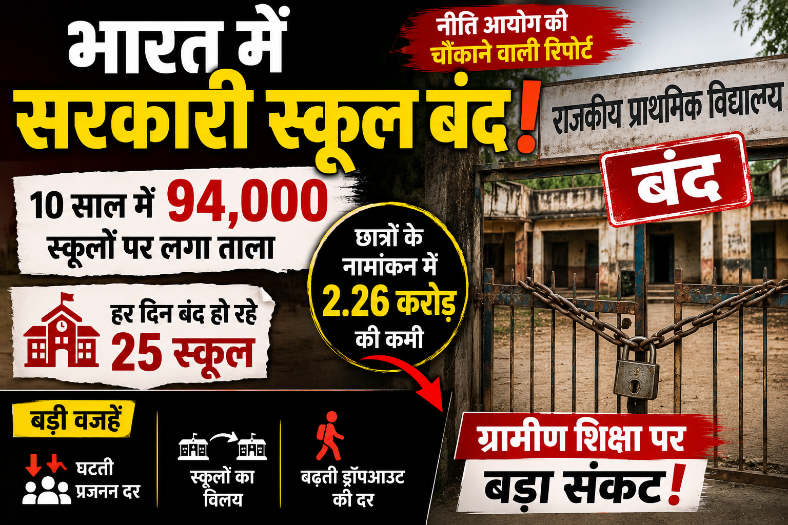 भारत में सरकारी स्कूल बंद: नीति आयोग की रिपोर्ट में बड़ा खुलासा, 10 साल में 94,000 स्कूल बंद
