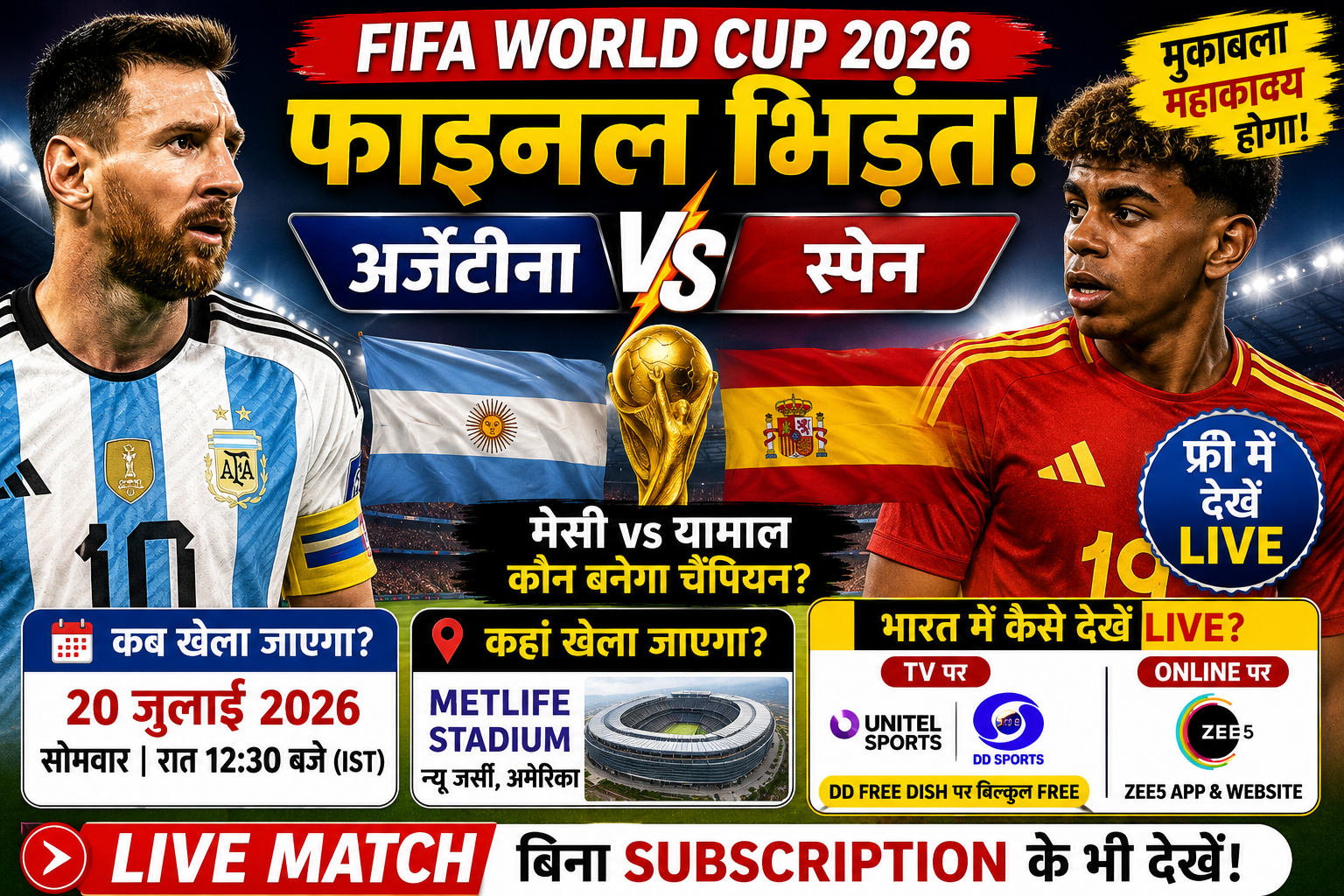 Argentina vs Spain Final LIVE: भारत में फ्री में कैसे देखें FIFA World Cup 2026 Final?
