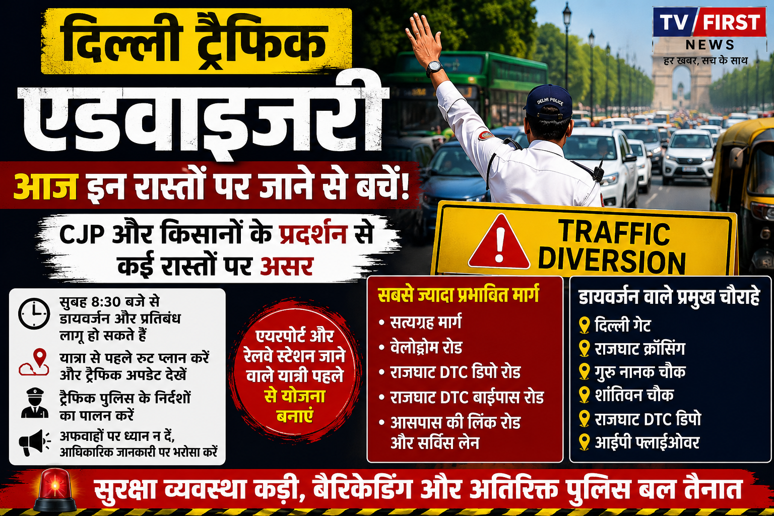 Delhi Traffic Advisory: CJP और किसान प्रदर्शन के चलते कई सड़कें बंद, देखें पूरा रूट प्लान