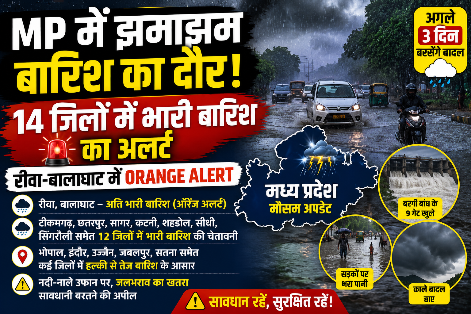 MP Weather Today: 14 जिलों में भारी बारिश का अलर्ट, रीवा-बालाघाट में ऑरेंज अलर्ट; अगले 3 दिन बरसेंगे बादल